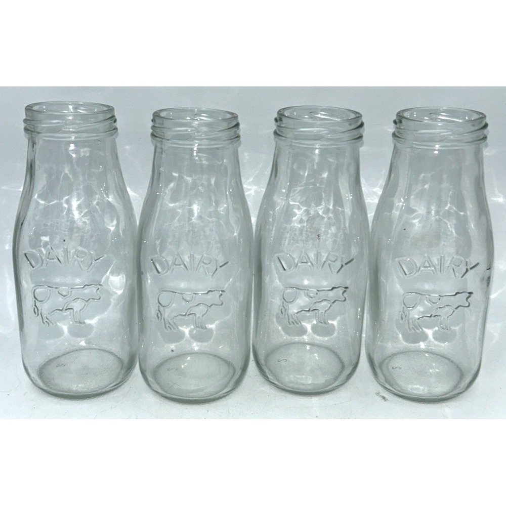 VTG 4 Dairy 6" Bottle‎ Clear Glass Milk Jar Jug Embossed Cow 10 oz. Farmhouse